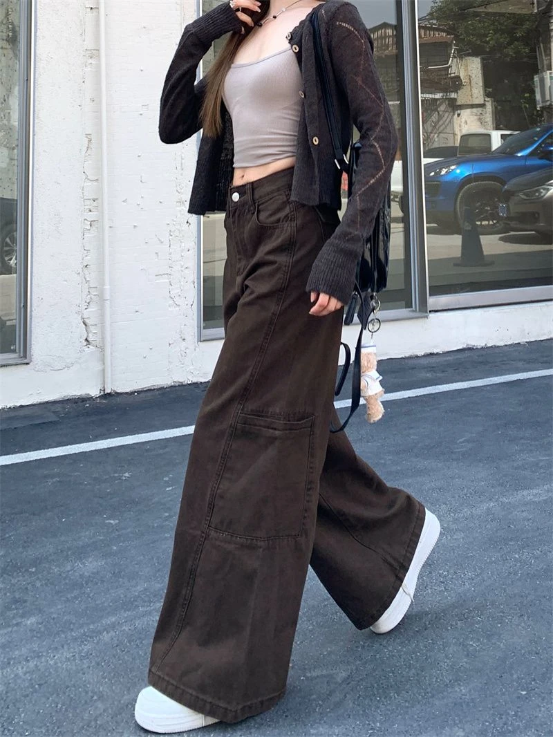 ZHISILAO جينز بني جديد بأرجل واسعة للنساء عتيق Y2k سروال دينم فضفاض غير رسمي ملابس خروج لخريف وشتاء 2025