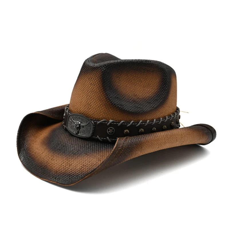 Retro Cow Head Leather Belt Women Men Painting Hard Straw Riding Wide Brim Outdoor Beach Cowboy Cowgirl Western Sun Hat