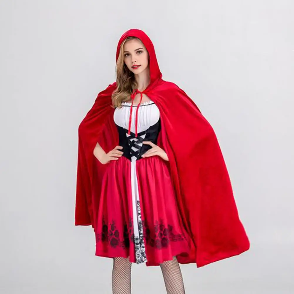 

Two-piece Body Dress Set Women's Little Witch Maid Cosplay Costume Set with Red Hat Cloak Dress for Halloween Party Stage Show