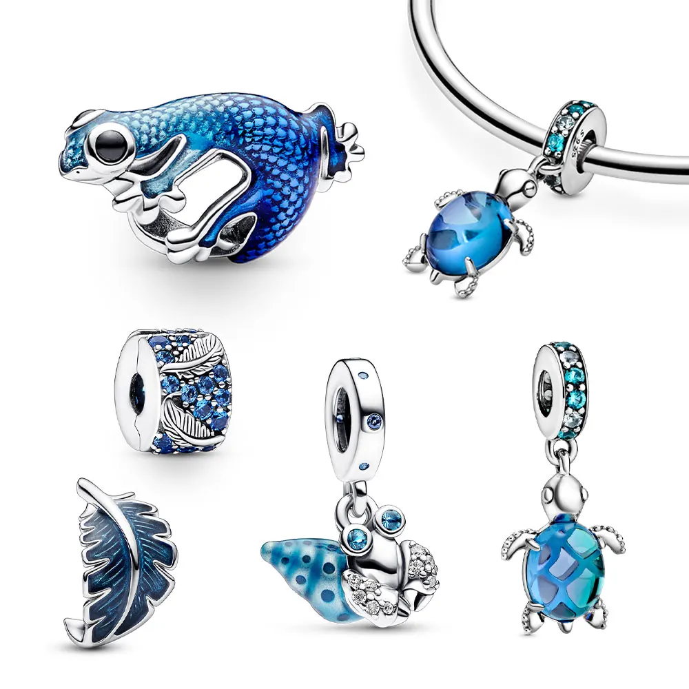 2024 New Hot Sale 925 Sterling Silver Blue Sea Turtle Pendant Leaf Bead Conch Pendant Fit Bracelet Women DIY Jewelry Gift