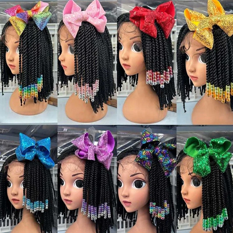 African Children\'s Dirty Braids Beaded Braided Ponytail Women Hair Extensions Fiber Braiding Child Synthetic Beads Wigs