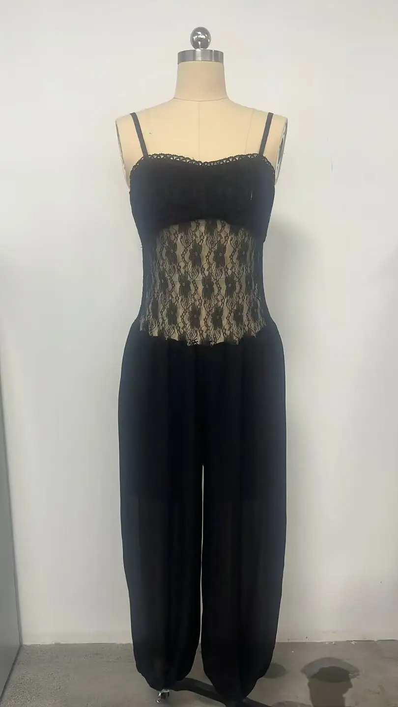 Damen Nude Spitzen-Overall mit Spaghettiträgern, V-Ausschnitt, transparent, locker geschnitten, durchsichtiger Playsuit, Sommer-Strand-Boho-Einteiler-Outfit – Detail 2
