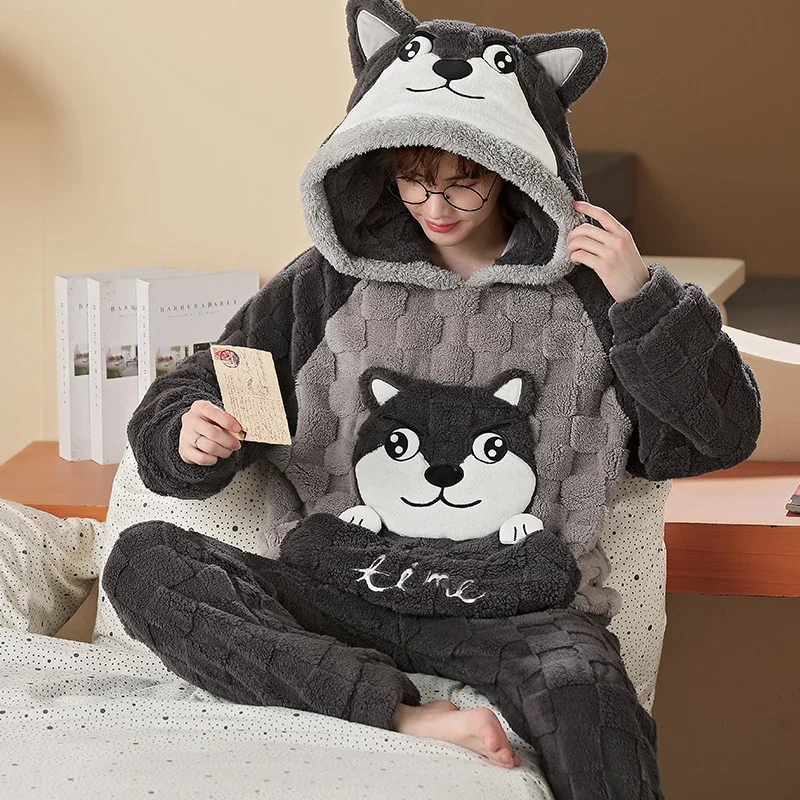 New Men Winter Thickened Coral Fleece Pajamas Set Plush Hooded Home Suit Long Sleeve Cartoon Flannel 2PCS Set Warm Nightwea 5XLr