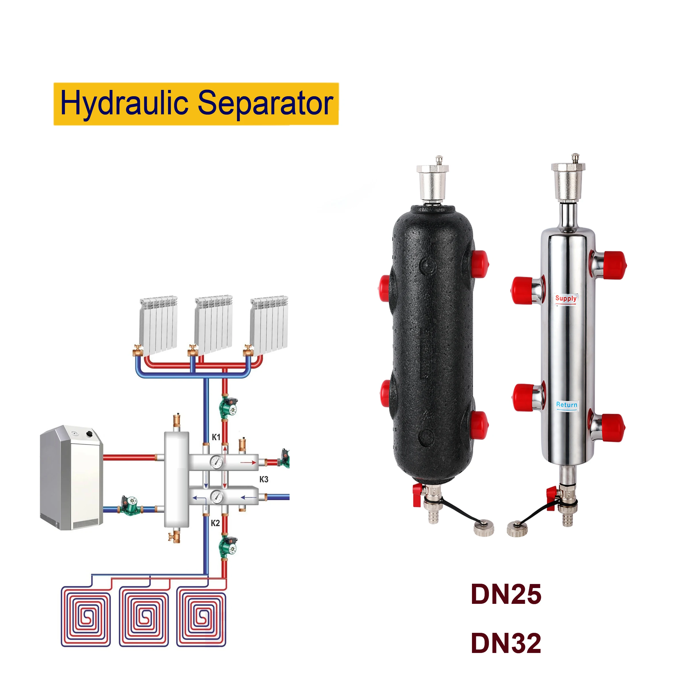 DN25/DN32 Stainless Steel S304 Hot Water Hydraulic Separator Kits Buffer Tank For Boiler Heating and Cooling Systerm