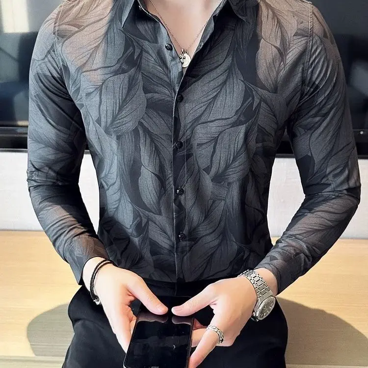 Men's Fashion High-End New Long Sleeve Casual Korean Style Personalized Slim Fit Print Hipster Trendy Shirt