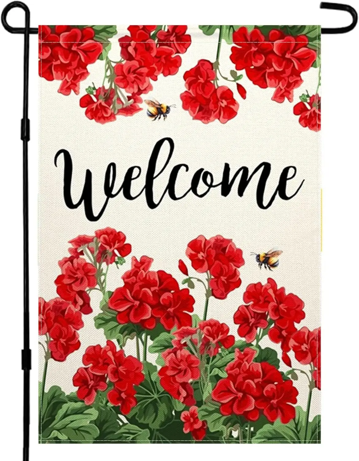 Geranium Bee Welcome Garden Flag Spring Summer Floral Garden Flag 12x18 inch Double Sided Small Burlap Yard Flag Botanical Verti