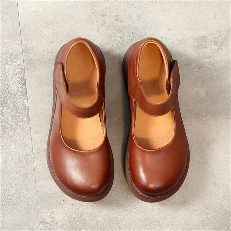 YAERNI Spring Summer Women Flat Platform Shoes Retro Shallow Round Toe Casual Shoes Women Genuine Leather Platform Shoes