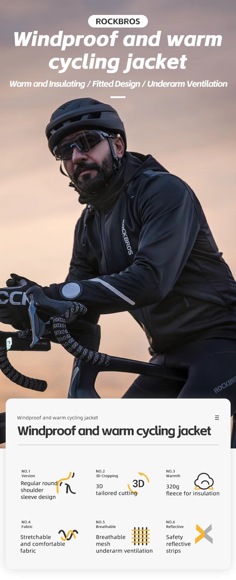 ROCKBROS Winter-Fahrradjacke mit Kapuze, warmes Fleece, thermisch, winddicht, lange Ärmel, Fahrrad-Oberteil, Mantel, Herren-Fahrrad-Windbreaker-Kleidung – Detail 1