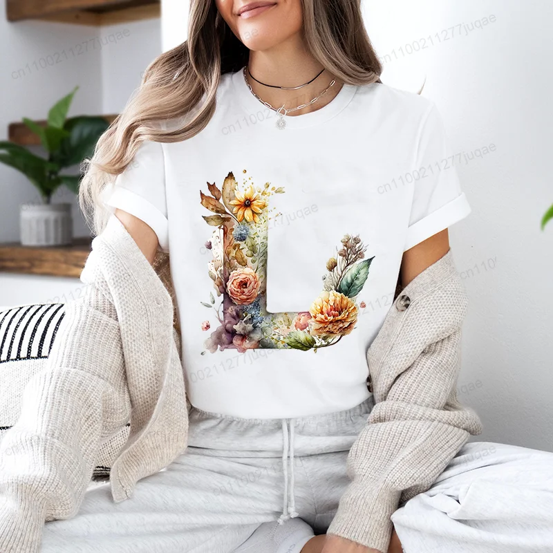 Damska koszulka T-shirt na co dzień, modna, z krótkim rękawem, z nadrukiem akwarelowych kwiatów botanicznych i liter A~Z, letnia odzież uliczna, top w stylu Y2k.