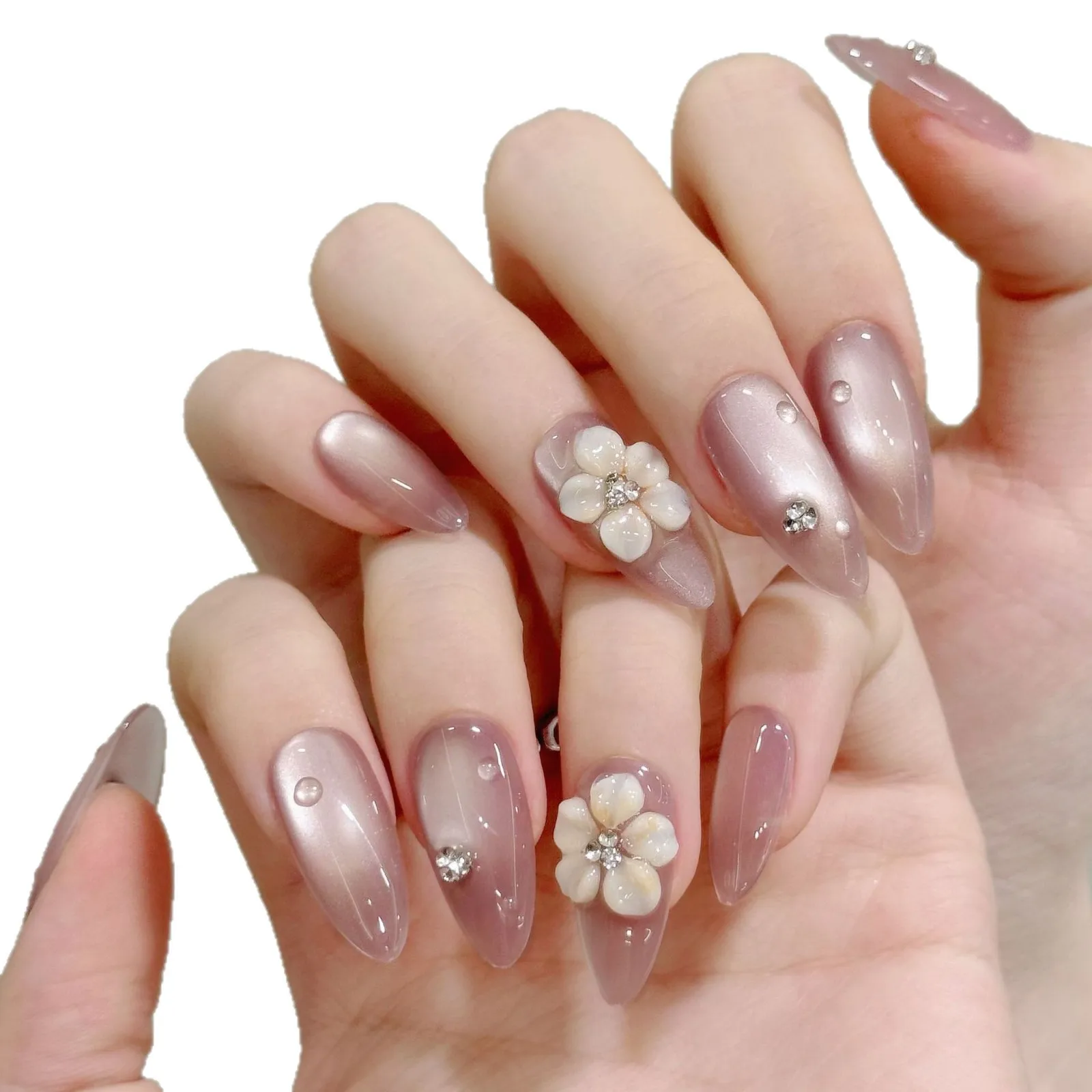 

10PcsHandmade Almond French Press on Nails Nude Cat Eye 3D Carving Flower Design Sweet Fake Nails Wearable Nails Art Tips Girls
