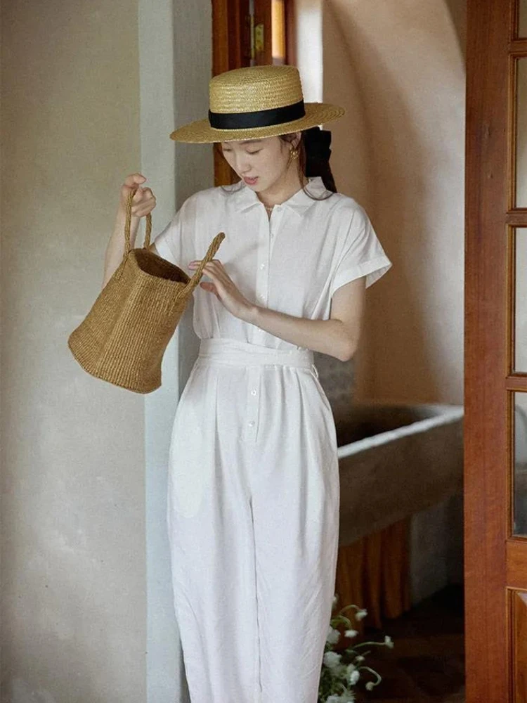 

2026 Summer New French White Women's Simple Lapel Tie Waist Fake Two Piece Long Pants Jumpsuit