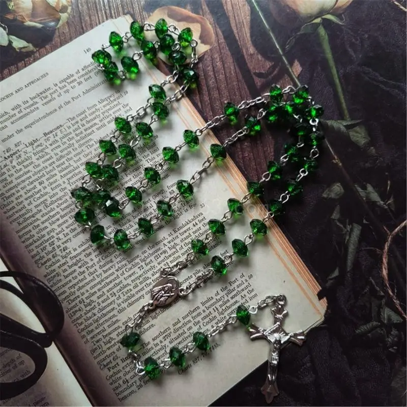 Green Stones Rosary Beads Necklace VirginMary ChristJesus Pendant Necklace Women Men Catholic Jewelry Gift