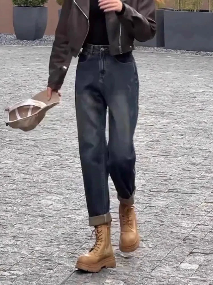 الأمريكية Sle عالية الخصر الحريم الجينز المرأة فضفاضة تناسب التخسيس صغيرة الحجم أبي السراويل الخريف جديد حجم كبير جينز غير رسمي