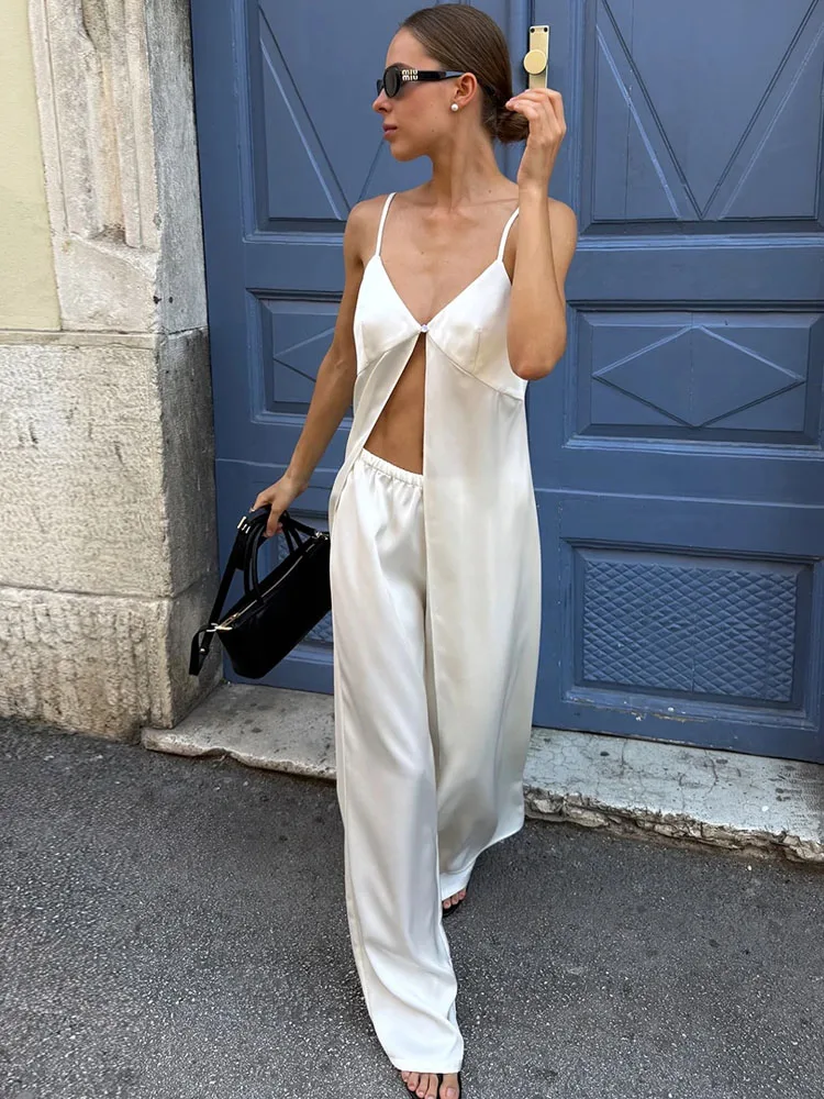 BKQU Casual Vest Pants Set Women Sexy Spaghetti Strap Slit Hem Tank Top Elastic Waist Wide Leg Trousers 2 Piece Lazy Pajama Suit