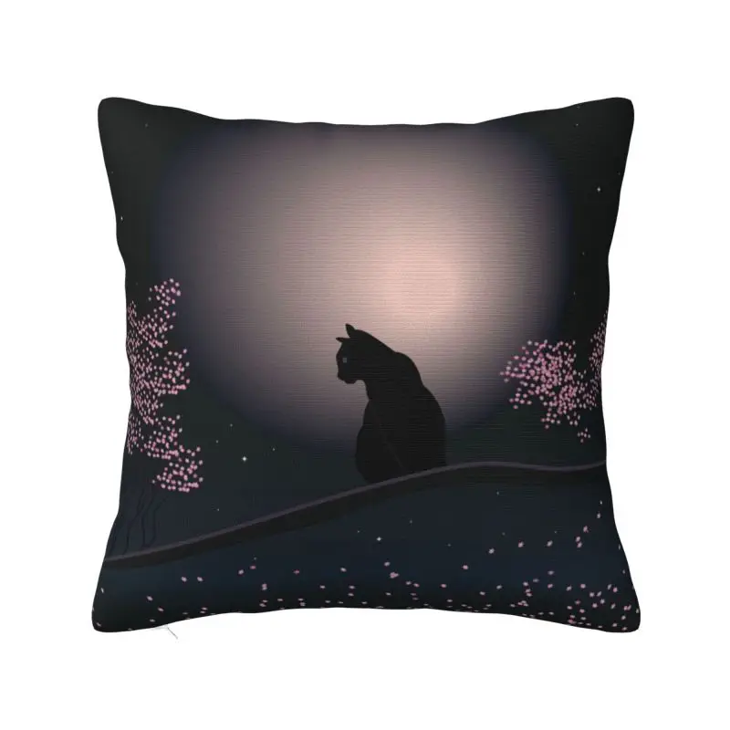 Custom Modern Black Cat On A Beautiful Night With Full Moon Cushion Cover for Sofa Polyester Pillow Case