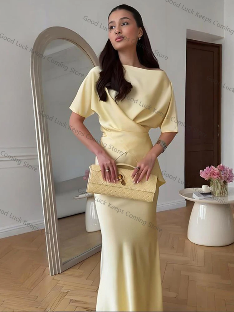 Jupe froncée en Satin solide pour femmes, manches courtes, encolure bateau, moulante, élégante, légère, de luxe, été, 2025