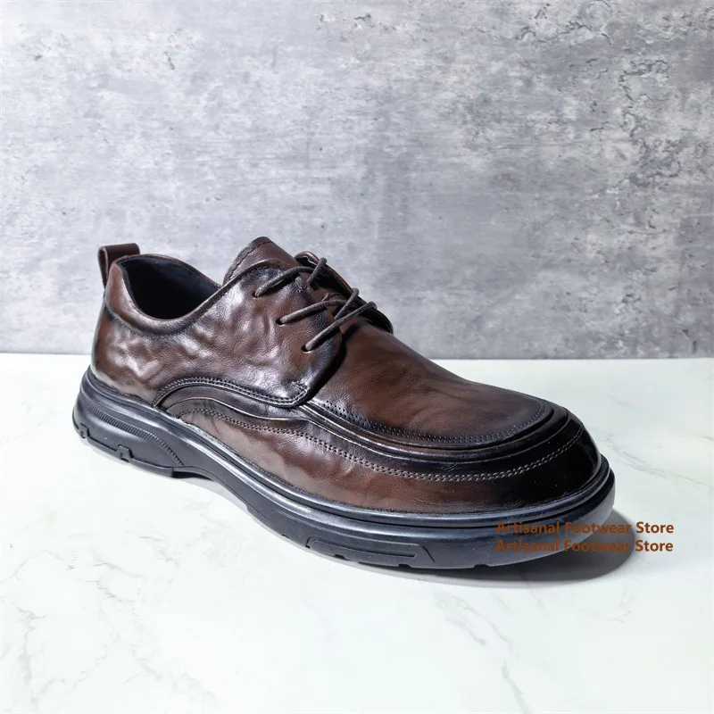 

Thick Soled Men's Derby Shoes Black/brown Lace Up British Style Genuine Leather Wear-Resistant Round Toe Dress Leather Shoes