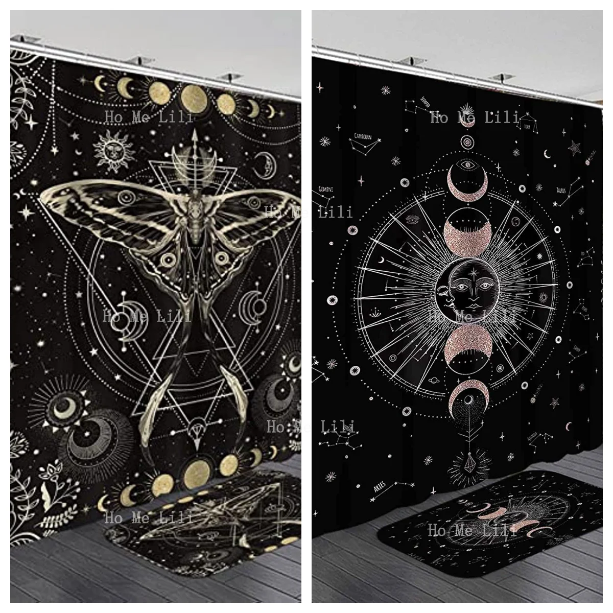 Sun And Moon Phase Starry Sky Galaxy Tarot Witch Mystic Boho Bathroom Decor Fabric Shower Curtain Non-Slip Bath Mat