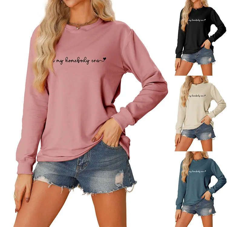 Autumn new women's long-sleeved T-shirt hoodie in my homebody era love print loose casual crew-neck top with all fashion pullove