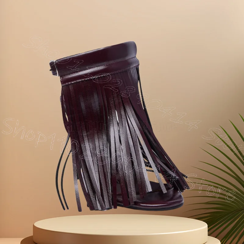 

Burgandy Tassels Design Open Toe Sandals Buckle Strap Women Shoes Thin High Heels Fashion Party Dating 2025 Zapatos Para Mujere