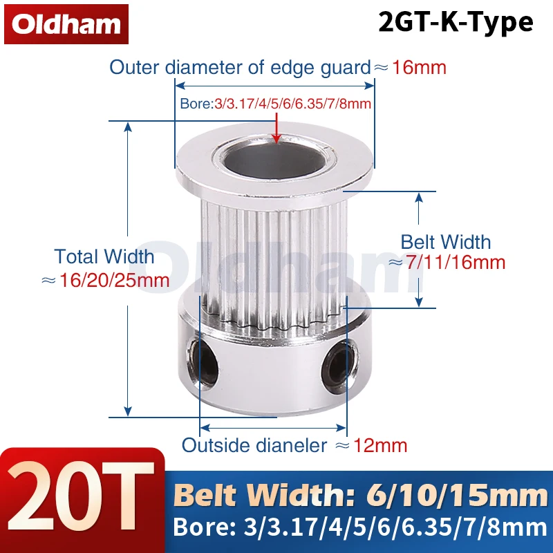 

20 teeth 2GT Timing Pulley Bore 3/3.17/4/5/6/6.35/7/8mm for GT2 Open Synchronous belt width 6/10/15mm Small backlash 20Teeth 20T