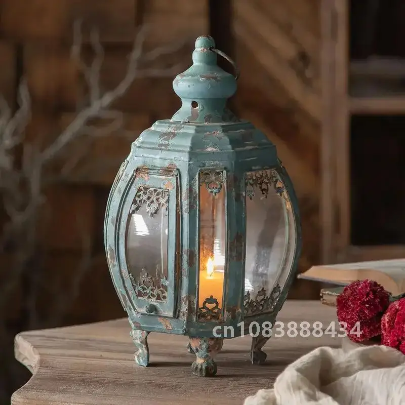 Blue Castle Glass Windows Candlestick Portable Chandelier Pendant Decorate Retro Style Ironwork Photography Props Candle Holders