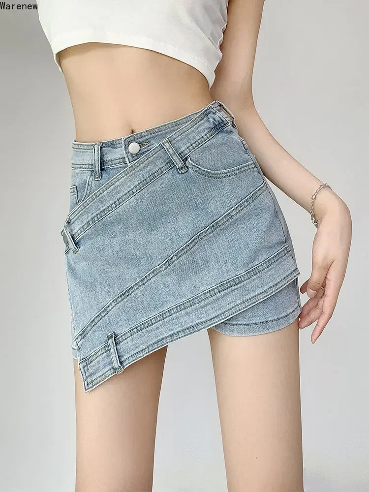 

Women's Fashion Casual Sexy Slim Y2K Street Ripped Tassels Shorts Harajuku Hotsweet High Waist 2000S Patchwork Blue Denim Shorts