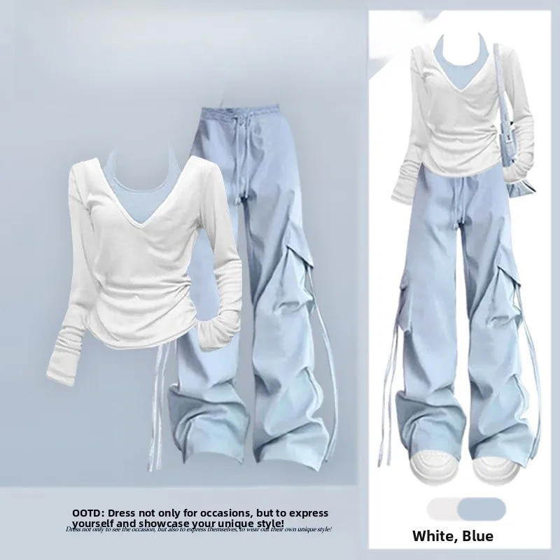 

Dopamine Spring Fashion Women's Long Sleeve V-Neck Top And Wide Leg Pants Workwear Three-Piece Set Stylish And Trendy