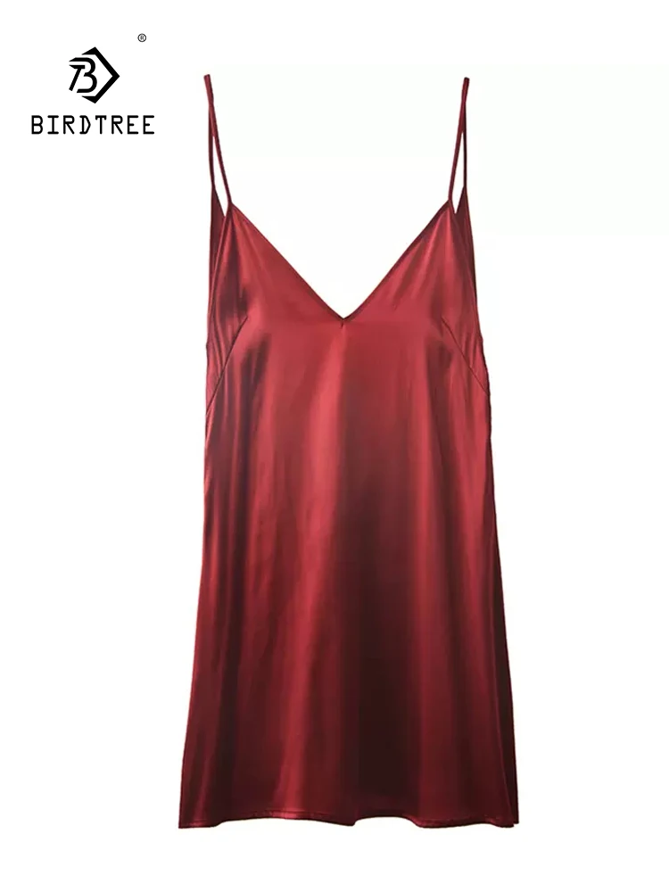 BirdTree, 93%Real Silk Pajama Dress, Women Spaghetti Strap, Sexy Flirt Hot Backless Deep V Nightgown, 2024 Summer New P43021QC