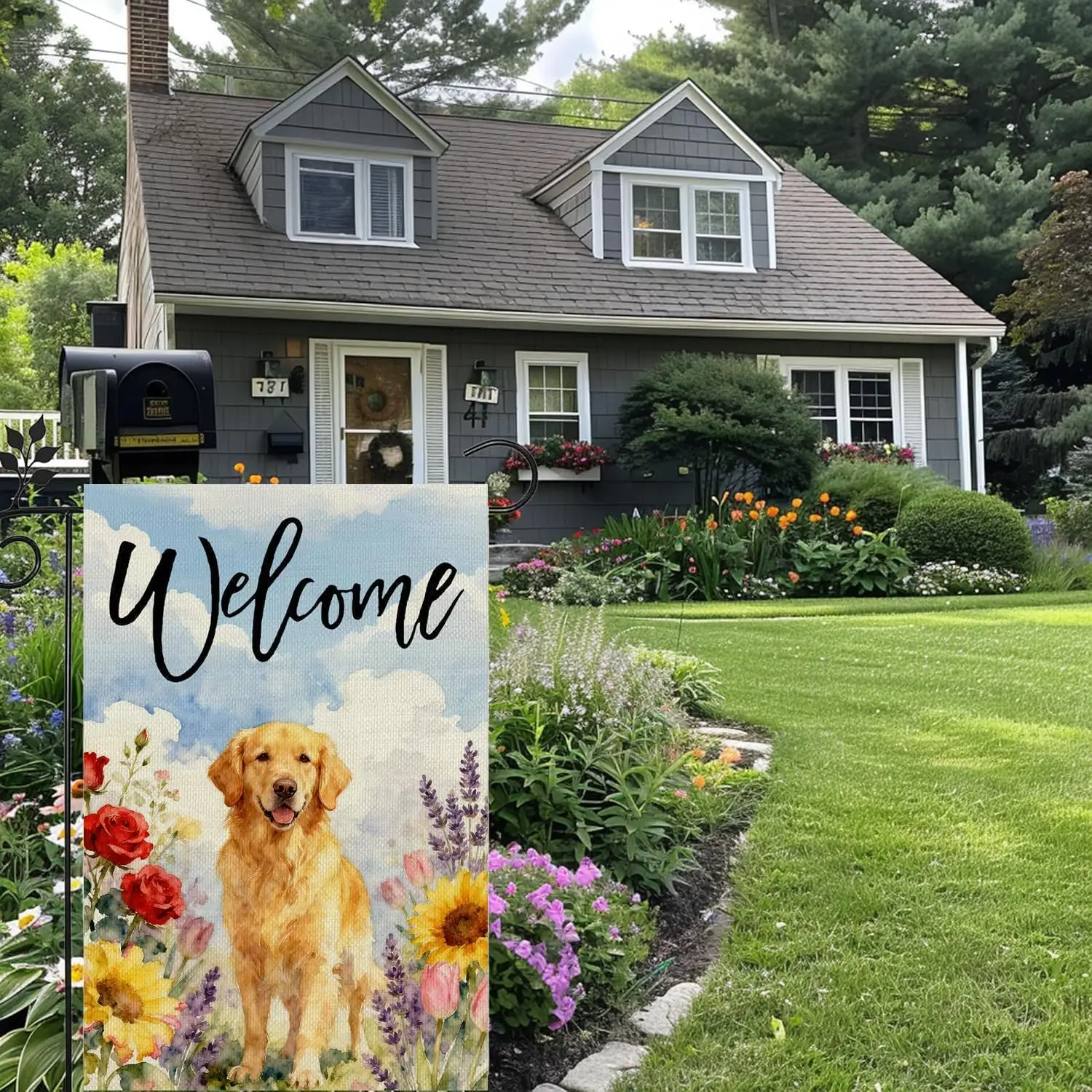 Golden Retriever Dog Sunflowers Spring Summer Garden Flag 12x18 Inch Double Sided,Welcome Flowers Small Yard Flag Burlap Sea ZZM
