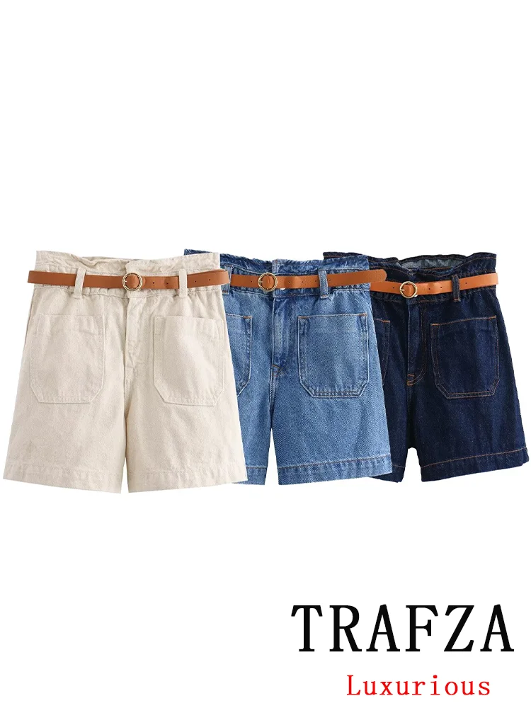 TRAFZA Vintage Chic Denim Women Shorts Belt Solid Pockets Zipper Short Pants New Fashion 2024 Summer Elegant Female Shorts