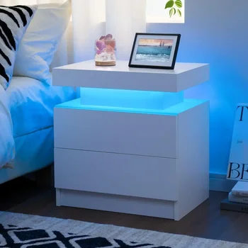 Image Nightstand LED Bedside Table for Bedroom Modern Night Stand with 2 Wood Drawers End Side Table for Bedroom