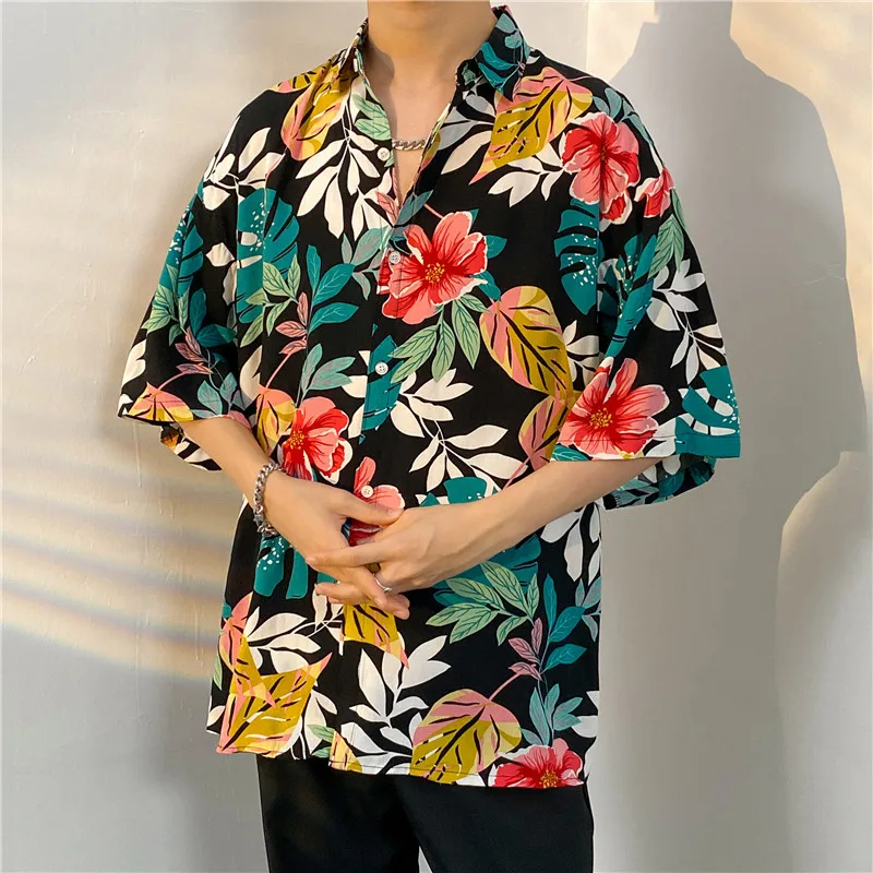 Men's Summer Seaside Hawaiian Short Sleeve Floral Shirt Handsome Versatile Top Fashion Beach Vacation Loose Fit Shirt Jacket