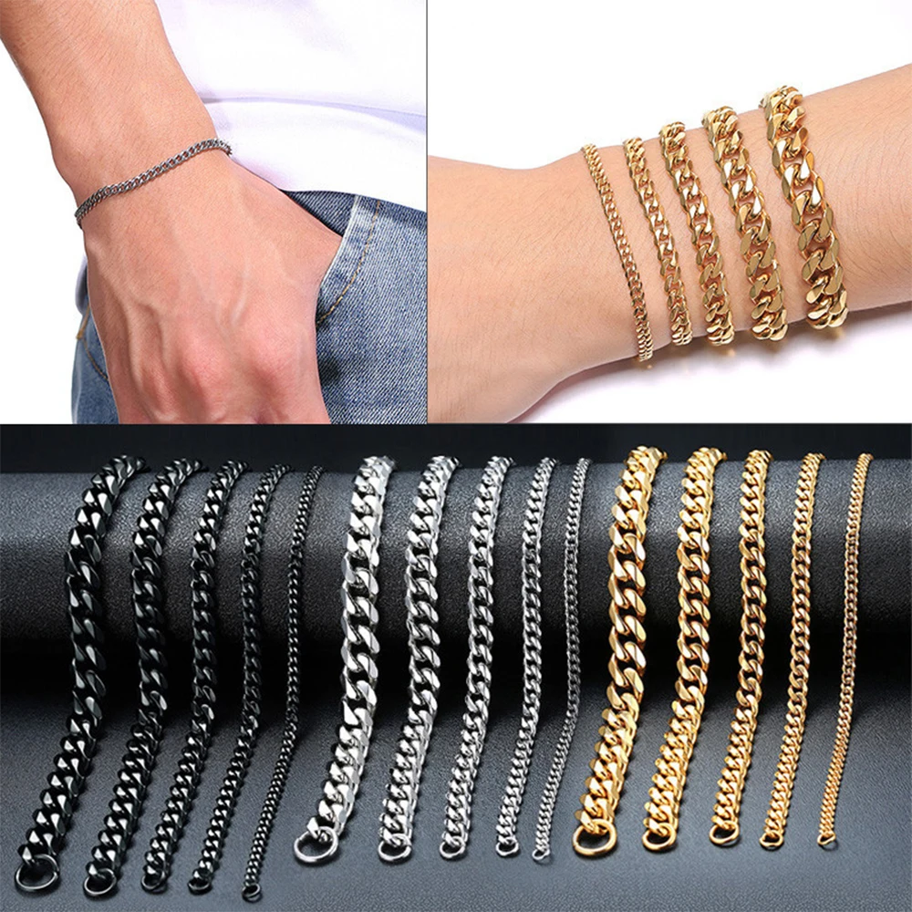 HIYEE Men\'s Simple 5-8mm Stainless Steel Curb Cuban Link Chain Bracelets for Women Unisex Wrist New Fashion Jewelry Gifts