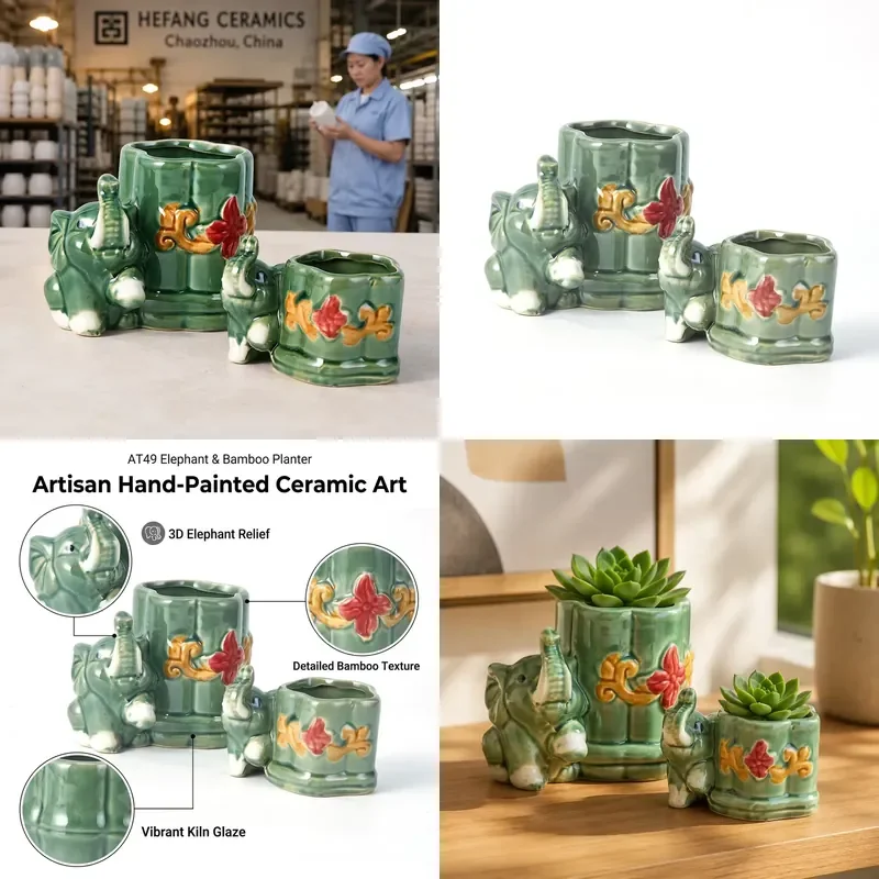 for Celadon Glaze Ceramic Flower Pot Retro Animal Pattern Kiln-fired Pottery Croissant-shaped Succulent Plant Pot Small
