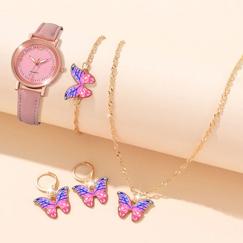 Quartz Pink Women Watch 5PCS/Set Simple Diamond Dial Quartz Wristwatch Leather Strap Watch Butterfly Jewelry Set Gift For Her