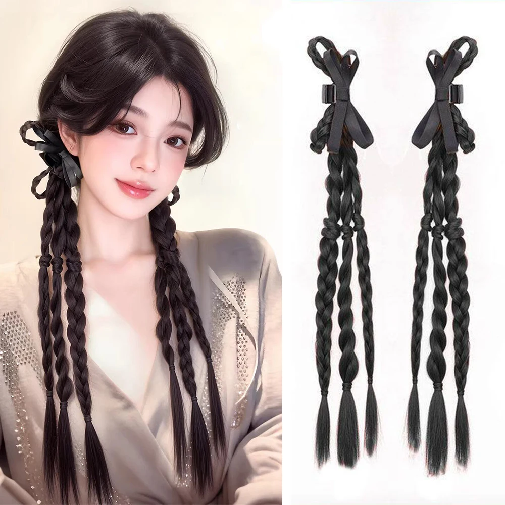 

2Pcs New Chinese Y2K Ribbon Twist Braid Claw Clip Ponytail Synthetic Hair Heat Resistant Hair Accessories for Women Daily Party