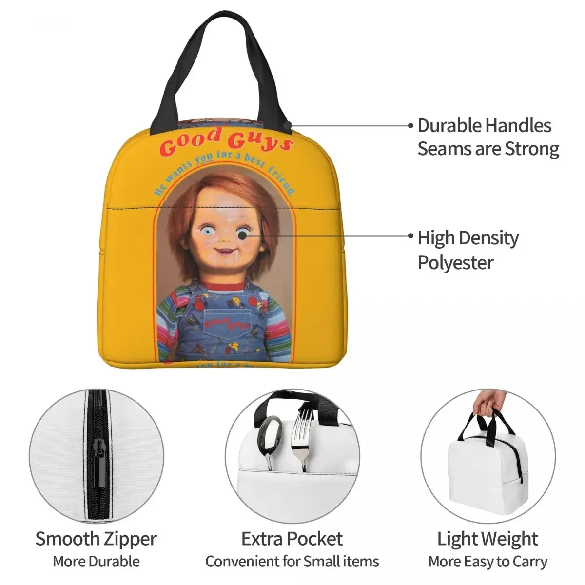 He Wants You For A Best Friend Chucky Lunch Bags Portable Insulated Cooler Child\'s Play Thermal Picnic Work Lunch Box for Kids