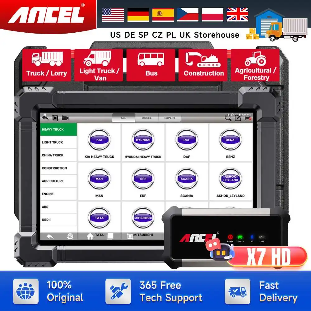 ANCEL X7 HD Heavy Duty Truck Diagnostic Tool Bluetooth OBD2 All System Oil D-P-F Regen ECU Reset 12V 24V Diesel Truck Scanner