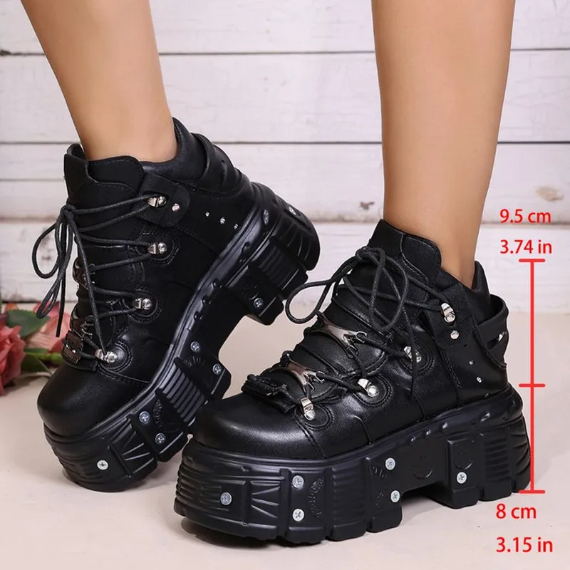 New 2026 Women Shoes Punk Style Lace-up Heel Height 8CM Platform Shoes Woman Gothic Ankle Rock Boots Metal Decor Woman Sneakers view 3