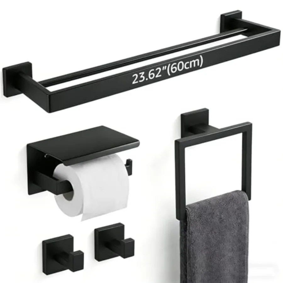 

Bathroom hardware set: 5-piece wall-mounted accessories with 23.6 double towel bar and toilet paper holder shelf, SUS304 stainl