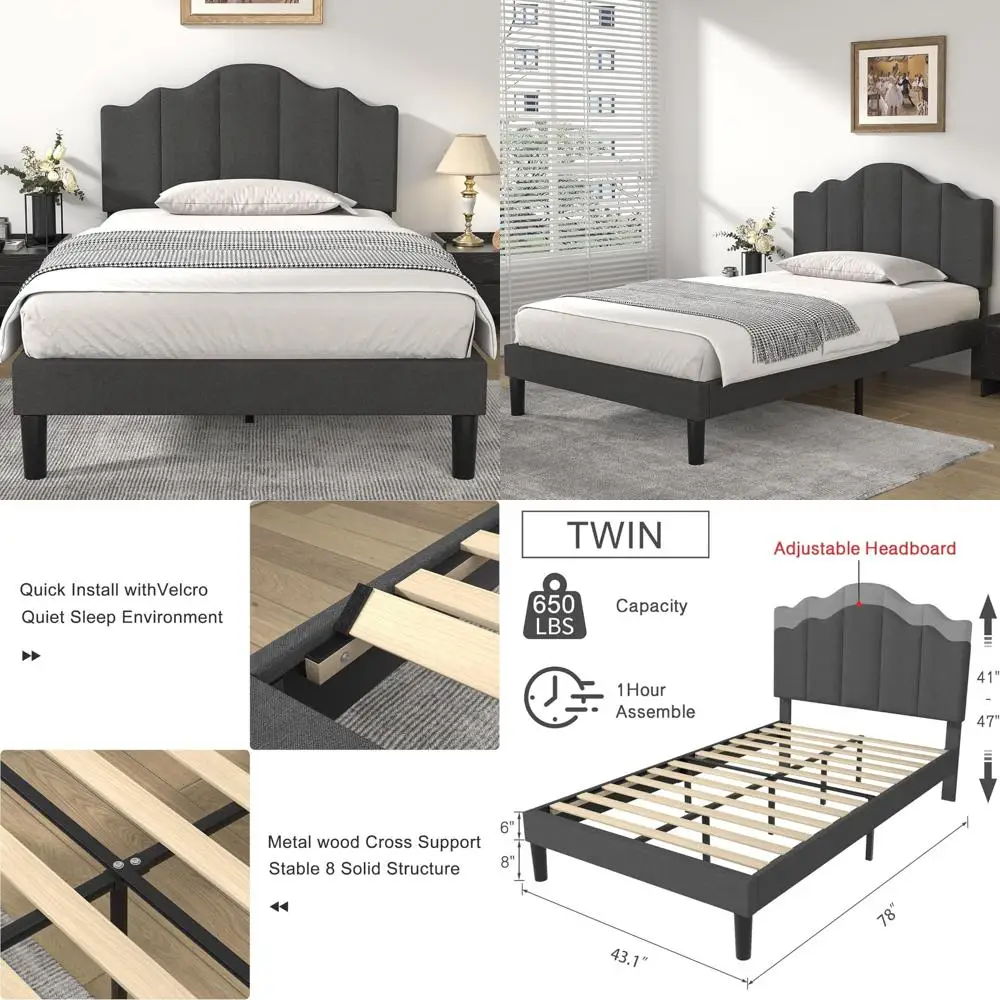

Twin Size Upholstered Platform Bed with Adjustable Headboard, Wood Slat Support, and Silent Operation, No Box Spring Needed
