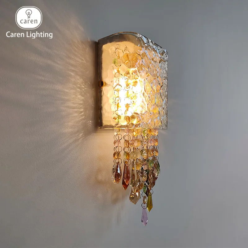 Caren Lighting Wall Lamp Vibrant Colorful Crystals handmade texture Amber Glass Shade coloured crystal Modern cozy fixture retro