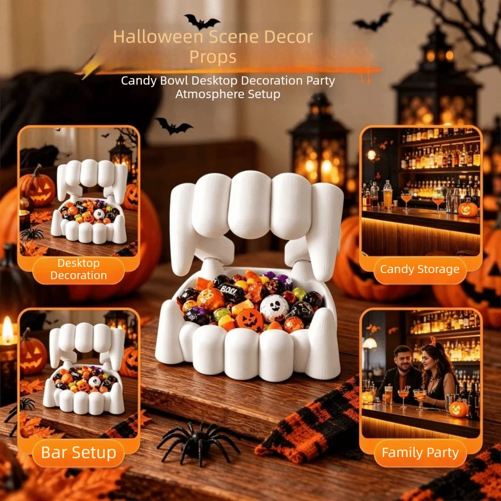 3D Printing Halloween Bowl Spooky Table Ornaments Festival Storage Bowl Jewelry Holder Funny Ghost Teeth Candy Bowl Party