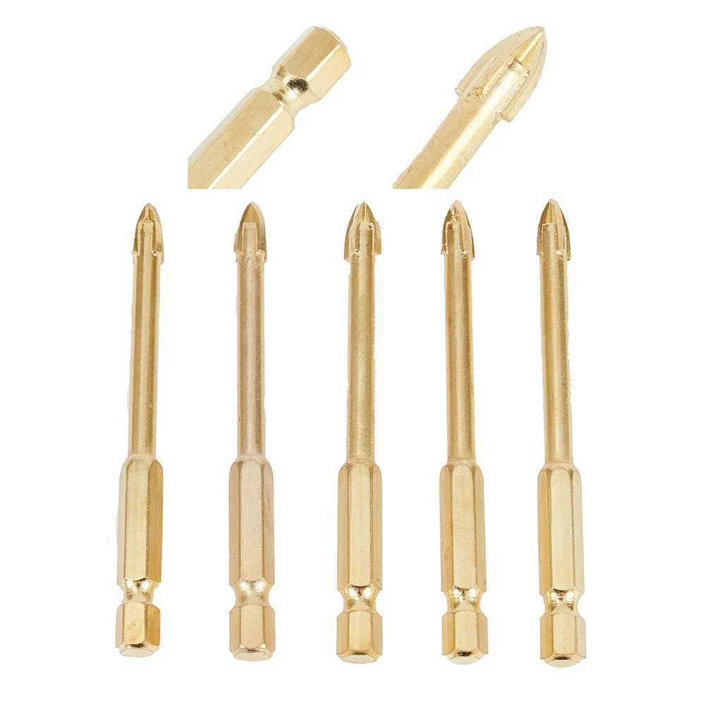 Brocas de vidro com cabeça de lança Hex Shank, 4 bordas de corte, grau industrial, ponto de carboneto para cerâmica, 5PCs, 6mm