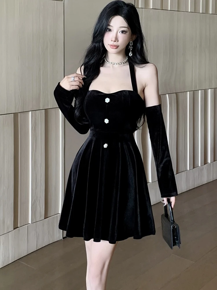 

2025 черное бархатное шикарное сексуальное клубное платье с вырезом, женское элегантное облегающее короткое платье трапециевидной формы, осень-зима, корейское винтажное платье