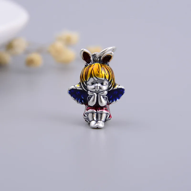 S999 Sterling Silver Cream Gum Angel Pendant Cute Hairdressing Little Girl Silver Pendant DIY Bracelet Accessories