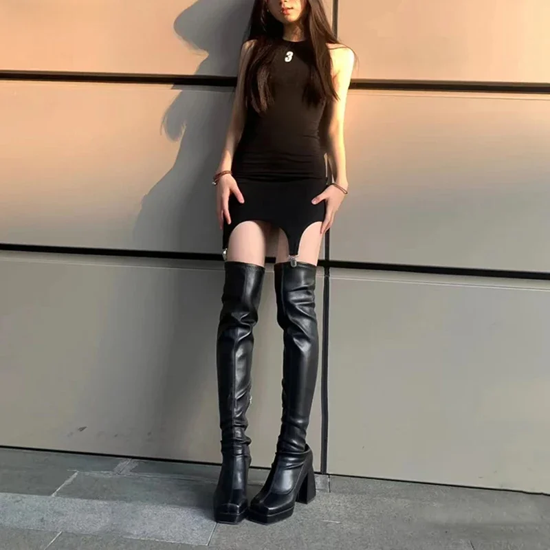 Black Long Boots For Women Fashion Zippers Square High Heel Over the Knee High Boots Winter Shoes Ladies Elegant Mordern Booties