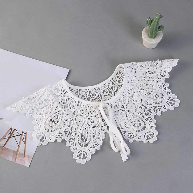 Women Hollow Out Crochet Lace Shawl Fake Collar Shiny Imitation Pearl Beaded Necklace Blouse Top Elegant Bowknot Capelet