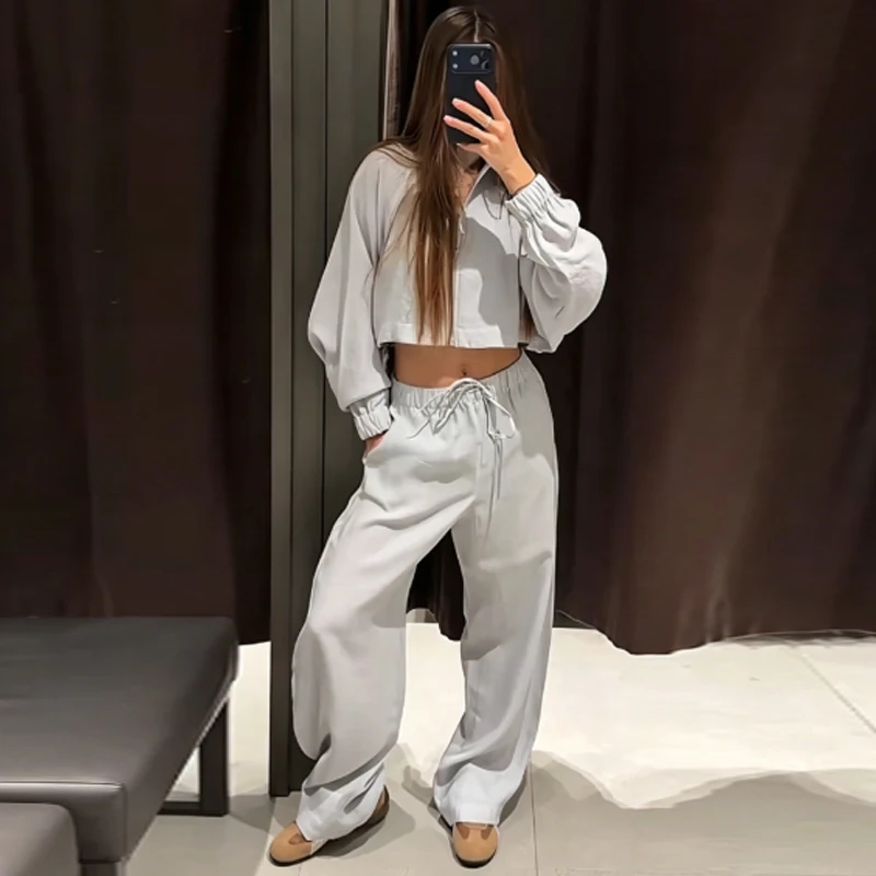 HXAO Übergroße Hosen-Sets Sommer Damenanzug Crop Loose Langarm-Oberteil 2-teiliges Set Weite Schnürhose Urlaubsoutfit Damen – Detail 10